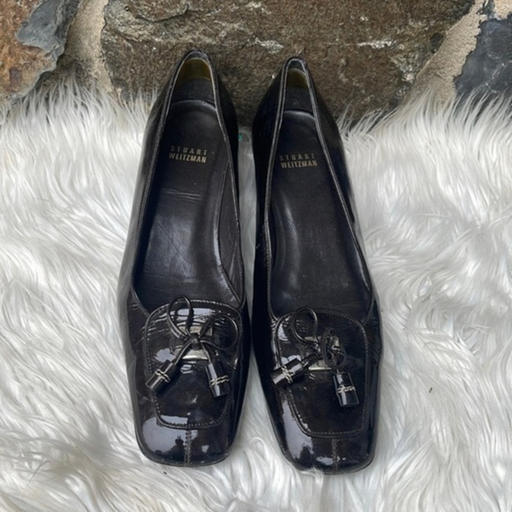 Stuart Weitzman Squared Toe Patent Kitten Block Heel Pumps in Black Size 8 M